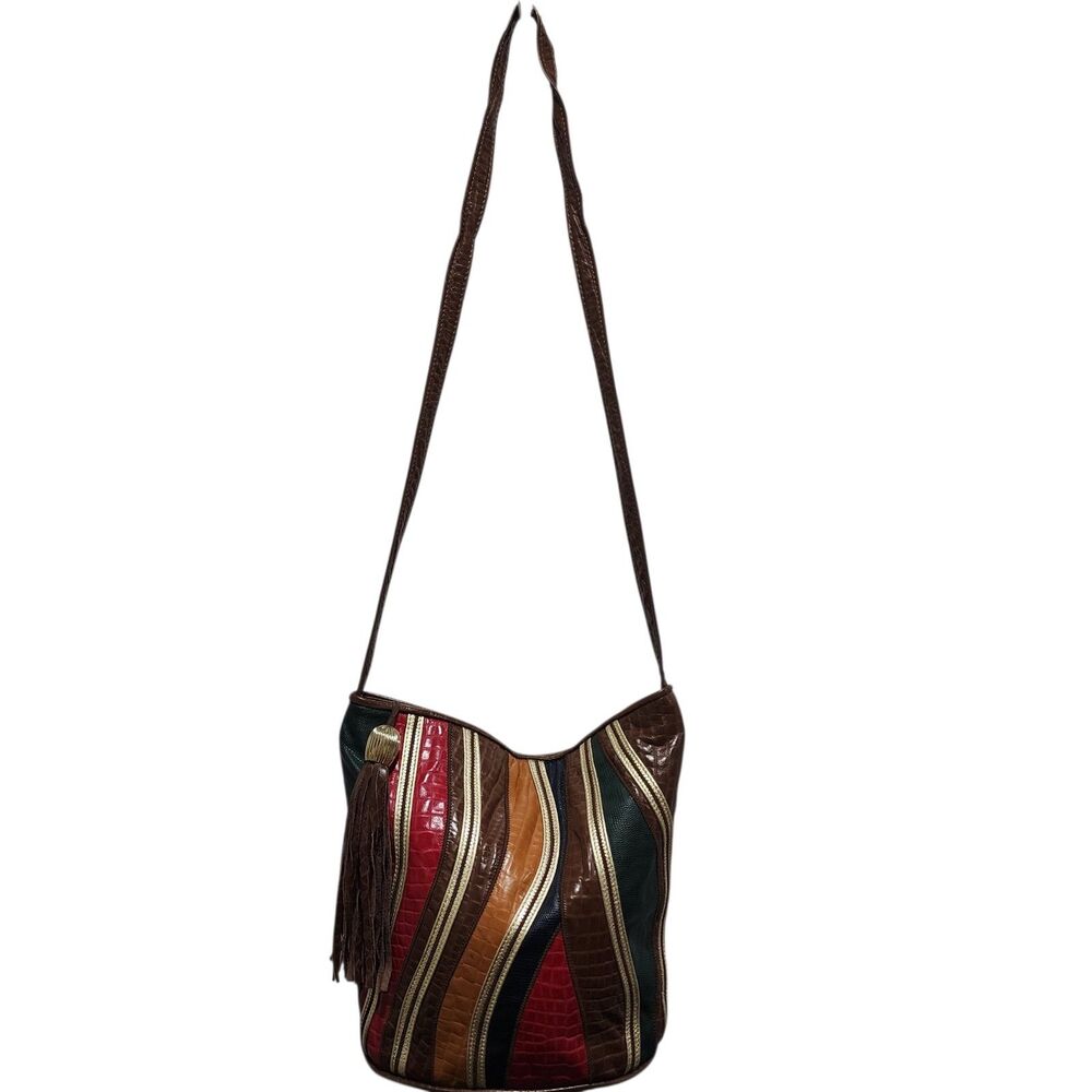 Vintage Park Avenue Int. Leather Bucket Bag Patchwork Croc Embossed Tassel USA‎